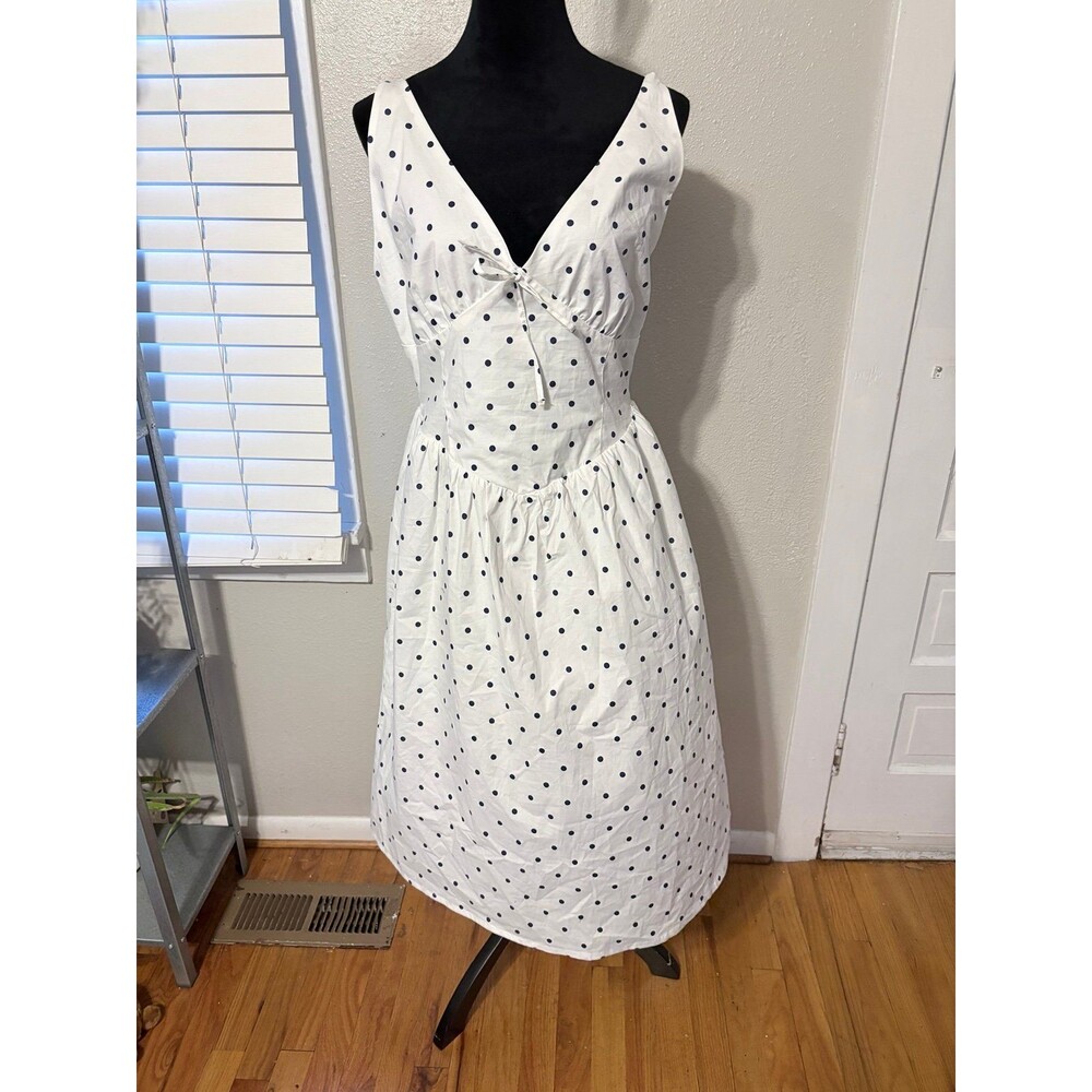 Mills by Millie Bobby Brown White Navy Blue Polka Dot Smocked Midi Dress Size XL